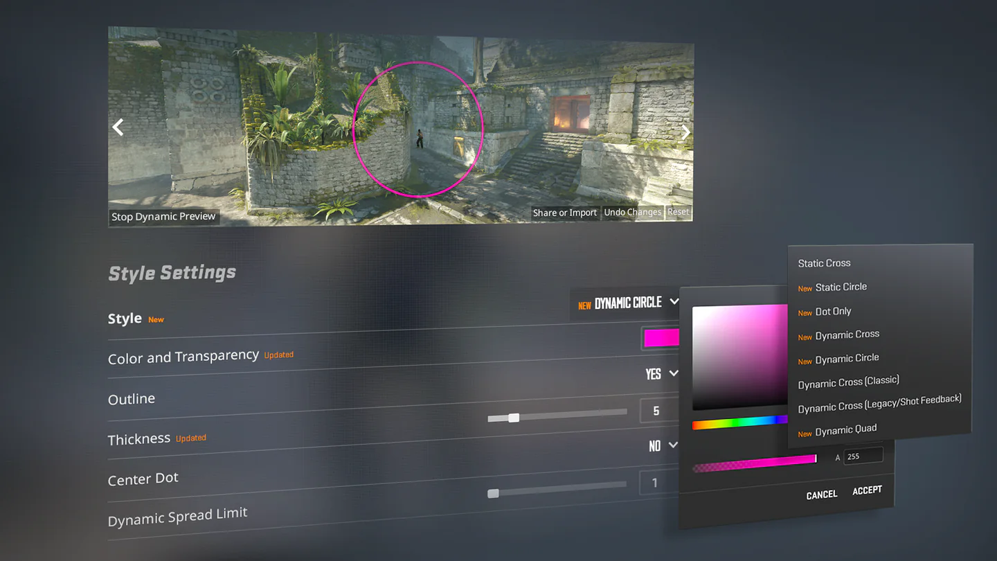 The new Crosshair/Scopes settings, with the crosshair styles
