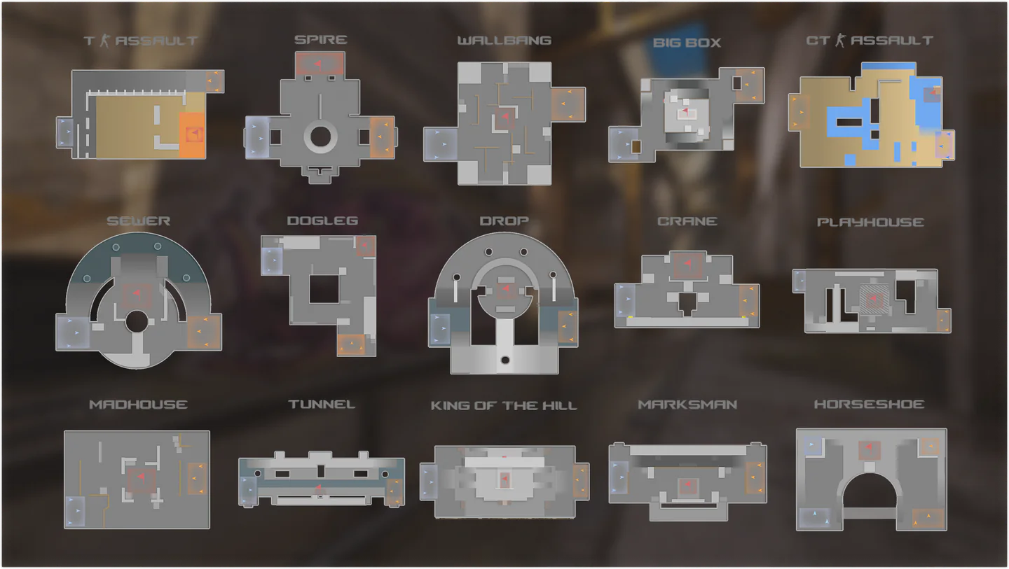Map of the Rush arenas: T Assault, Spire, Wallbang, Big Box, CT Assault, Sewer, Dogleg, Drop, Crane, Playhouse, Madhouse, Tunnel, King of the Hill, Marksman and Horseshoe